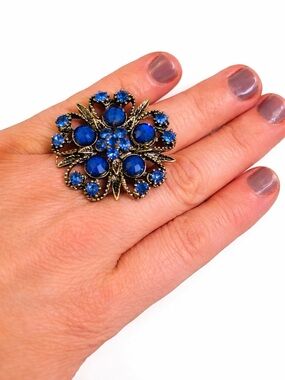 Vintage Style Blue Statement Ring Rhinestone Floral Cocktail Ring Bold Boho